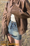 Yipinpay Brown Leather Jacket Women Streetwear Moto Biker Zipper Leather Coat Female Winter Warm Punk Style Leather Jacket 2023