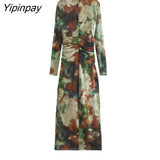 Yipinpay 2023 Women Tulle Mid-Calf Dresses Spring Elegant O-neck Slim Party Sexy Vestidos Fashion Long Sleeve Back Zipper Dresses