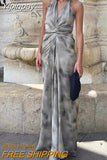Yipinpay Tie Dye Halter Long Dress Women Summer Sexy Backless Dress Woman 2023 Knot Off Shoulder Sleeveless Midi Party Dresses