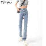 Yipinpay Straight High Waist Stretch Jeans Woman Casual Light Blue Jean Trousers Black Denim Pants Ladies