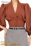 Yipinpay French V-neck Shirts Women Sexy Elegant Fashion Casual Lantern Sleeve Blouses Woman Vintage Crop Tops White OL Blusas