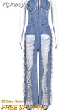 Yipinpay Tassel Hollow Out Overalls For Women Studded Diamond Strapless Backless Jeans Street Fashion Trend Jumpsuite Femme