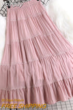 yipinpay 2023 Summer Long Skirt Women Simple Casual Lace Patchwork Pleated High Waist Midi Skirts A-line Swing Faldas Jupe Pink