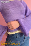 Yipinpay Vintage Rainbow Striped Knitted Sweaters Autumn Winter Crimping Long Sleeve Cropped Pullovers Jumpers Streetwear Chic Women 911