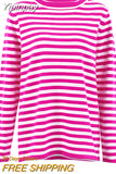 Yipinpay Classic Women Stripe Tee Shirt Casual Print Oversized Knitted Top O-Neck Long Sleeve Tops And Blouse Fashion T-shirt