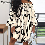 Yipinpay Women Loose Cold Shoulder Slash Collar All Over Print  Flared Sleeves Mini Party Dress Women Dress Top