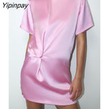 Yipinpay Elegant Women Silk Soft Dresses 2023 New Summer O-neck Sexy Mini Dresses Short Sleev Sheath Folds Vestidos
