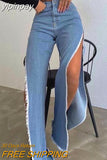 yipinpay Baggy Jeans Wide Leg Pants Side Split Out Denim Pants Women Streetwear 2000s Aesthetic Summer Straight High Waisted Trousers