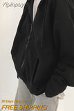 Yipinpay Zip Up Hoodies Women Grunge Goth Letter Print Oversized Jackets Autumn Winter Harajuku Hip Hop Streetwear Hooded Sweatshirts