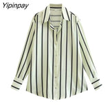 Yipinpay 2023 Women Striped Blouses Shirt Causal Loose Turn Down Collar Long Sleeved Tops Single Breasted T-Shirts Spring Autumn