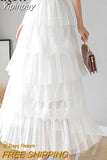 Yipinpay Lace Tulle Skirt Women Solid Summer Long White Black Tutu Skirts A Line Skirt Laides Elegant High Waist Elastic Faldas