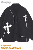 Yipinpay Y2k Grunge Sweater Cardigan Women Korean Streetwear Autumn Loose Black Goth Long Sleeve Top Button Knitted Sweater Coats