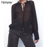 Yipinpay Loose Women Folds Blouses Shirt 2023 Spring Autumn Causal Bow Collar Long Sleeved Thin Tops Oversize Black T-Shirts
