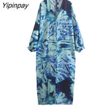 Yipinpay Women Printed Midi Dresses 2023 Spring Summer Fashion Ladies V-neck Party Mid-Calf Dresses A-line Long Sleeve Vestidos