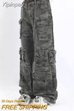 Yipinpay Popular Camouflage Multi-Pocket Jeans Women Y2K New High Waist Slim Wide Leg Mopping Overalls Unisex Loose Casual Pants