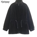 Yipinpay 2023 Women Winter Thicken Faux Fur Coat Zipper Cardigan Loose Jacket Solid Stand Collar Sweat-shirt Outwear Overcoat