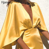 Yipinpay Women Soild Elegant Glamorous Deep V Neck Cape Mini Satin Bodycon Skirt Sets