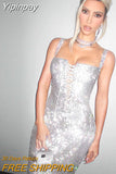 Yipinpay Women Glitter Silver Drawstring Suspenders Dresses Elegant Sexy Shiny Bodycon Dress 2023 Evening Party Female Dresswear Vestidos