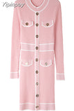 Yipinpay Button Knit Dress O-Neck Long Sleeve Sweater women's Dresses Mini Autumn 2023 Short Robe Korean Sexy Club French elegant