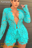 Yipinpay Floral Hollow Out Outfits Two Piece Sets Women V-Neck Long Sleeve Shirts And Hig Waist Shorts Outwear Fashion Shorts Set