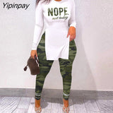 Yipinpay Women Chic Letter Print Split Hem Long Sleeve Top & Camouflage High Waist Pants Set