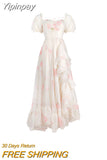 Yipinpay Summer Elegant Beach Floral Dress Fairy Puff Sleeve Midi Dress Office Lady Korean Fashion Evening Party Dress Holiday Chic