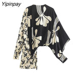 Yipinpay 2023 Women Patchwork Print Blouses Spring Autumn Casual V-neck Long Sleeved Top Fashion Single Breasted Asymmetrical Shirts