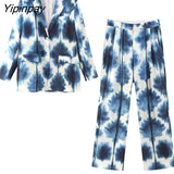 Yipinpay Women Spring Summer Tie-Dyed Thin Blazer Suits Sets 2023 Silk Soft Long Sleeve OL Jacket Wide Leg Print Pants Sets