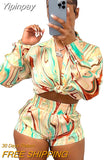 Yipinpay Pieces Set Sexy Summer Autumn Fashion Women Sets 2023 Stripe Long Sleeve Shirt Tops And Elastic Waist Shorts Suits Outfit