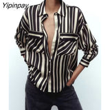 Yipinpay Women Striped Blouses Shirt 2023 Spring Autumn Causal Turn Down Collar Long Sleeved Thin Tops Single Breasted T-Shirts
