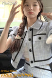 Yipinpay Blue Striped Shirt Women Short Sleeve Blazers Suit Plaid Cardigan Wrap Hip Mini Skirt Sets Vintage Jacket Spring New