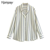 Yipinpay 2023 Women Striped Blouses Shirt Causal Loose Turn Down Collar Long Sleeved Tops Single Breasted T-Shirts Spring Autumn