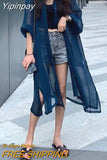 Yipinpay Summer Mid-length Women's Shirts and Blouses Fashion Sunscreen Clothing Thin Cardigan Chiffon Beach Top Oversized Shirts