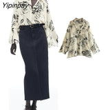 Yipinpay Summer Women Floral Printed Thin Blouses Shirt 2023 Translucent Material Turn Down Collar Tops Single Breasted T-Shirts