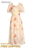 Yipinpay Elegant One Piece Dress Korean Fashion Short Sleeve Floral Midi Dress Woman Beach 2023 Summer Casual Evening Party Dress