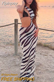 Yipinpay MO Women Summer Zebra Print Hollow Out Maxi Dress Sexy Mesh See Through Round Neck Sleeveless Outfits Beach Holiday Robe