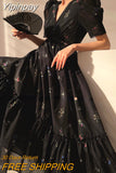 Yipinpay Black Floral Midi Dress Women Short Sleeve French Elegant Dress Beach 2023 Summer Casual Korean Evening Party Dress