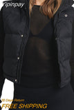 Yipinpay Women Puffer Padded Vest Winter Sleeveless Jackets Crop Waistcoat Solid Color Stand Collar Warm Lightweight Vest Streetwear