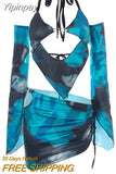 Yipinpay Ladies Summer Sexy Clothes Suit Mixed Color Hanging Neck Tie Up Backless Camisole + Low Waist Short Hip Skirt+Oversleeve Set