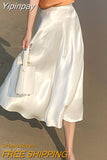 Yipinpay Summer New Women's Skirts Fashion Elegant Acetic Acid Fabric Midi Length High Waist Streetwear Satin Thin White Woman Skirt