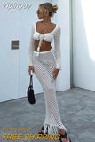 Yipinpay Women Summer 2PCS Outfit Bikini Cover-ups Sets Long Sleeve Tie Up Crop Tops+White Long Knit Hollow Tassels Skirt Suit