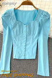 yipinpay Women's Sexy Shirts Long Sleeve Vintage Y2K Square Collar Elegant Slim Blusas Ladies OL Trendy Ruched Crop Top Female