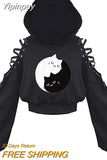 Yipinpay Fashion Printing Sweatshirt Spring Fall 2023 Hoodies Casual Bandage Hollow Out Long Sleeve Exposed Navel Hooded Crop Tops