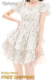 Yipinpay Casual Floral Mini Dress Lolita Style Vintage Short Sleeve Dress Beach 2023 Summer French Retro Short Party Dress Bow Chic