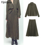 Yipinpay Elegant Geometric Print Skirt Sets 2023 Vintage Soft Long Sleeve Blouse Female Casual Folds A-line Skirt Lady Suit