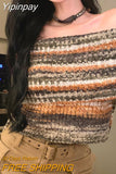 Yipinpay Clothes Sweet Spicy Off Shoulder Colorful Striped Sweater Women's Spring Retro Rainbow Slim Fit Knitted Top Sueters Mujer
