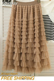 Yipinpay Style Knee Length Skirt For Women 2023 Y2k Elastic Band Fairy Long Skirts Female For Dinner Maxi Tulle Skirt Pink Coffee