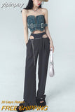 yipinpay Suit Pants High Waist Summer Grey Vintage Wide Leg Trouser Straight Street Baggy Hollow Out Design Office Ladies Pants