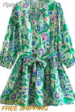 Yipinpay Green Print Mini Dress Women Belt Floral Dress Woman Ruched Short Dresses For Women 2023 Casual Summer Women's Dresses
