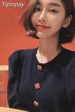 Yipinpay Button Puff Sleeve Knitted Sweater Korean Style women Pullover Femme Longue Tricot Crop Autumn Harajuku Black Jumper Green